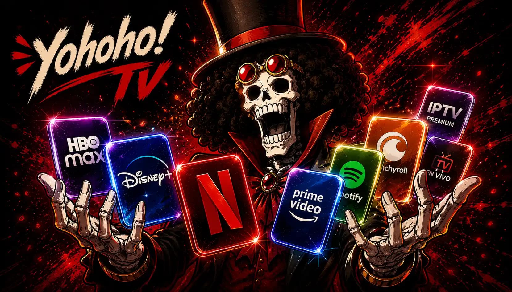 Brook presentando Yohoho! TV: Netflix, Disney+, HBO Max, Prime Video, Spotify, Crunchyroll e IPTV Premium